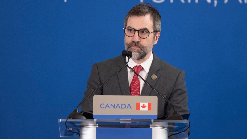 FILE: Canada's Environment Minister Steven Guilbeault speaks in Turin, Italy, Tuesday April 30, 2024. (Alberto Gandolfo / LaPresse via AP)